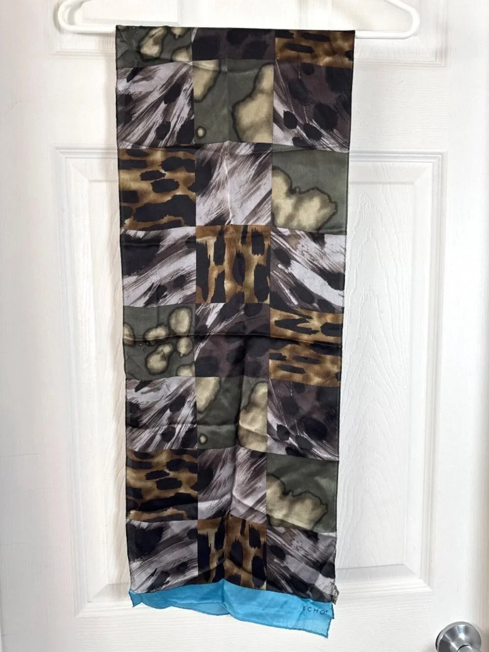 Echo Rectangle Animal Print Blue Trim 100% Silk Scarf Spring Summer Fall